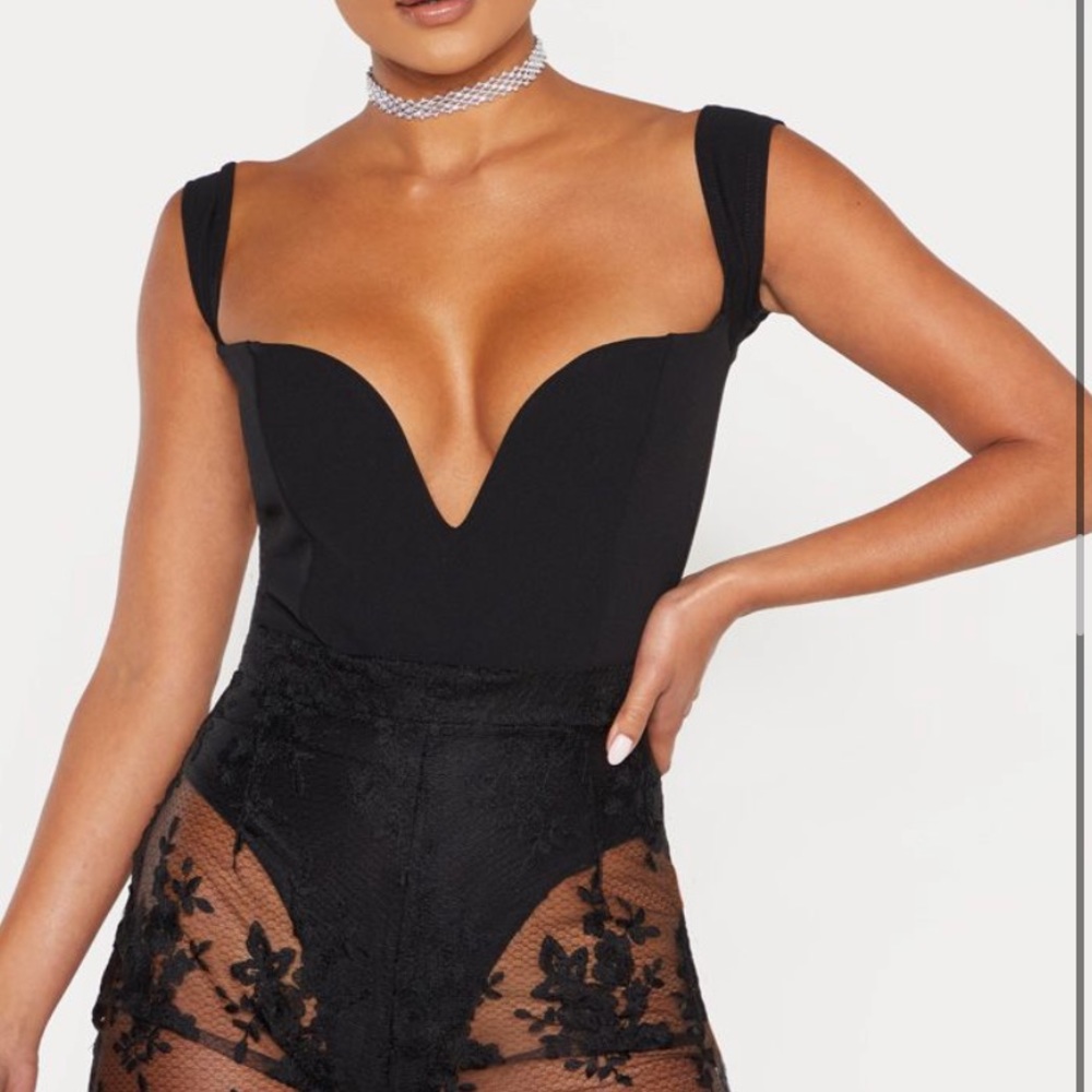 PLT Black V Bar Bardot Bodysuit